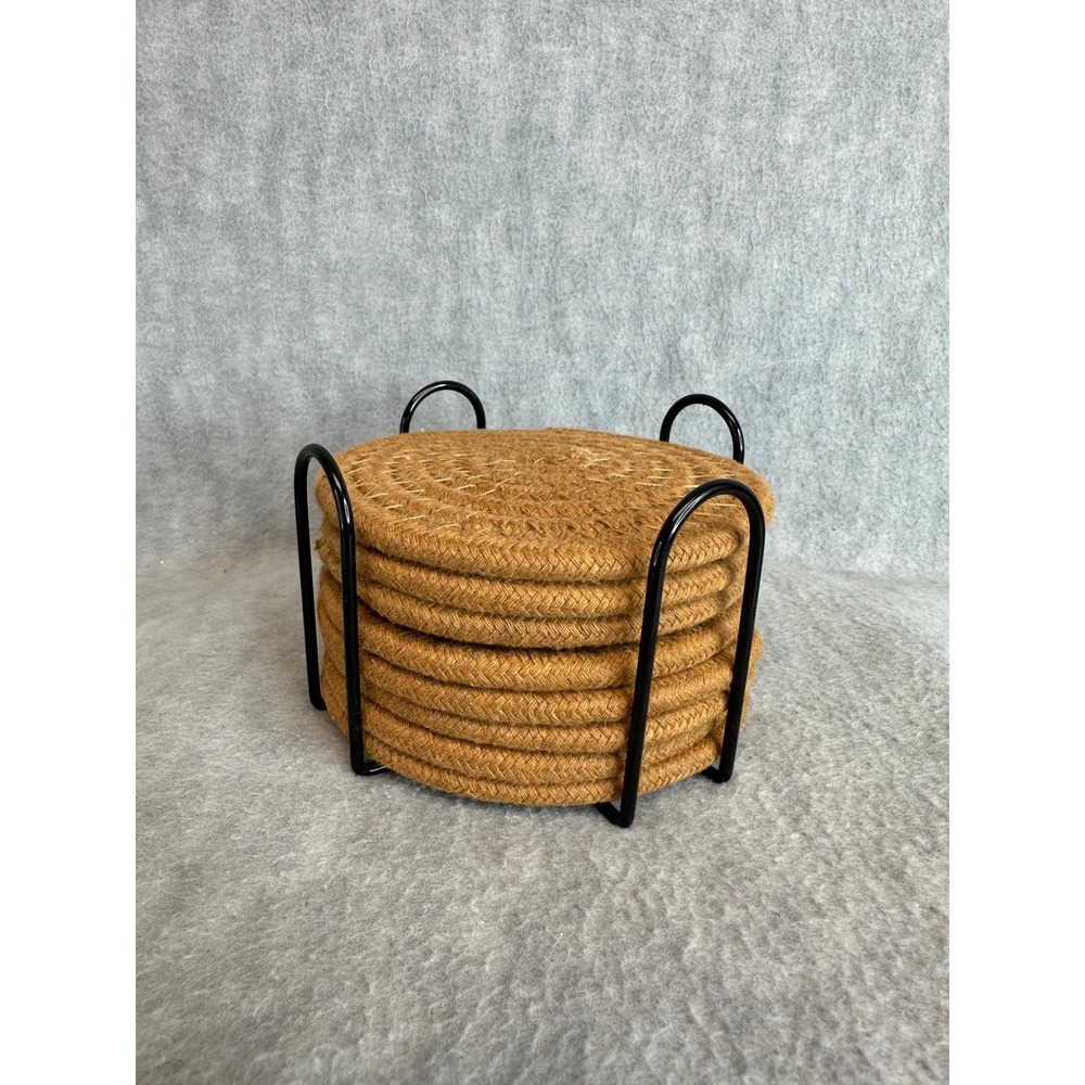 Round Woven Braided‎ Coasters Set of 8 with Black Metal Holder Decor